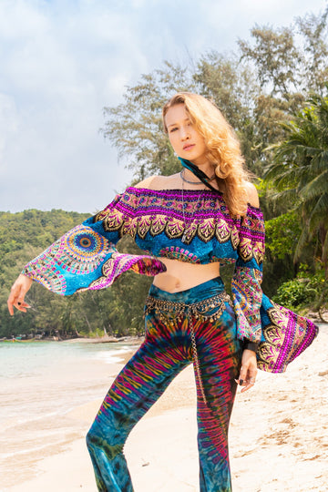 Purple and Teal Boho Mandala Bell Sleeve Blouse